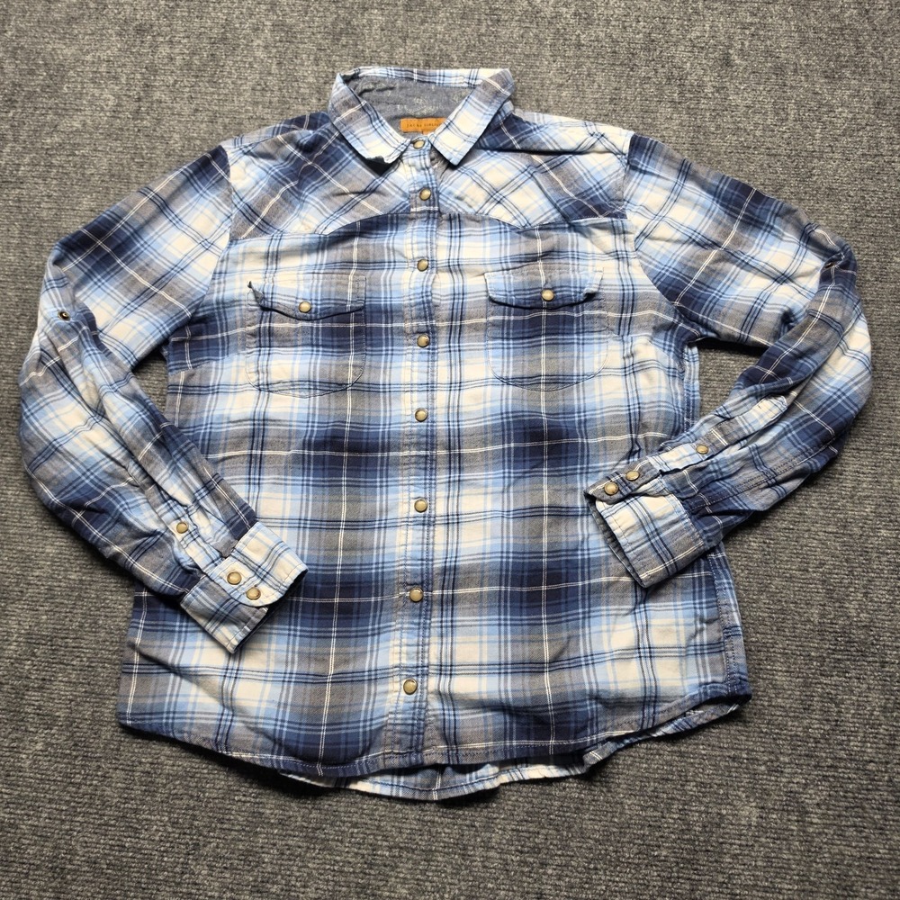 Jachs Girlfriend Blue White Plaid Western Pearl Snap Shirt Womens Medium Roll Ta